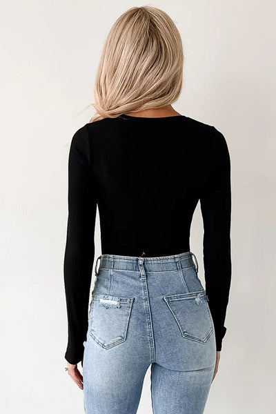 Chic Women's Black Ribbed Long Sleeve Bodysuit - Form-Fitting Crew Neck Top for Effortless Style and Versatile Looks