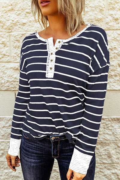 Women's Casual Chic Navy Blue Striped Color Block Waffle Knit Button-Up Top for Effortless Everyday Style