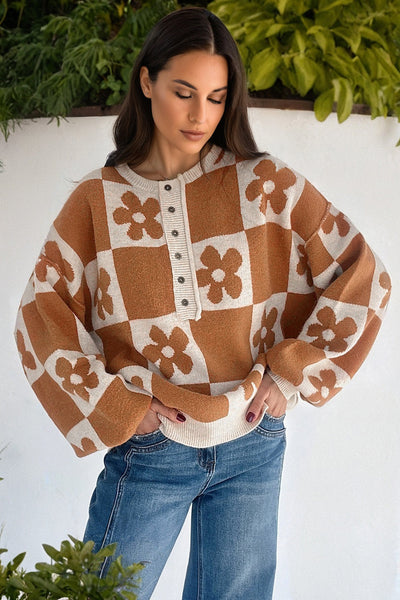 Women's Floral Checkerboard Viscose-Blend Henley Sweater