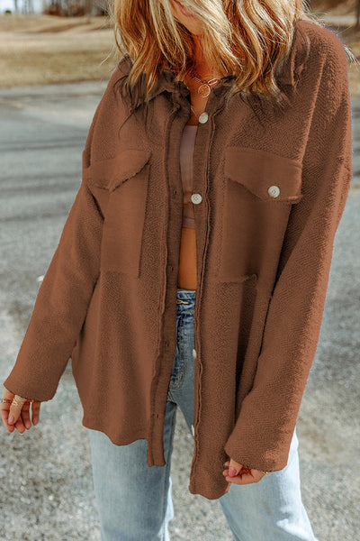 Women's Coffee Brown Terry Cotton Shacket with Exposed Seams