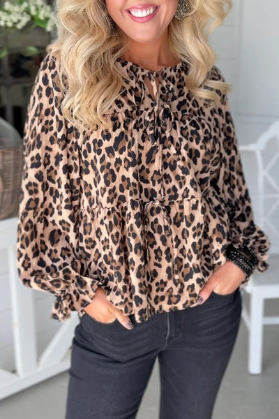 Chic Women's Khaki Leopard Print Blouse with Long Puff Sleeves & Tie-Front Perfect for Trendy Everyday Style