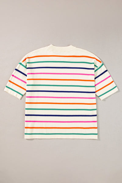 Beige Striped Short Sleeve Knitted Top for Women - Trendy Boxy Fit Tee for Effortless Casual Chic Style