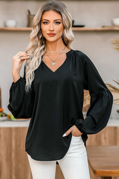 Chic Women's Black V-Neck Puff Sleeve Top Stylish & Comfortable for Effortless Casual Outfits