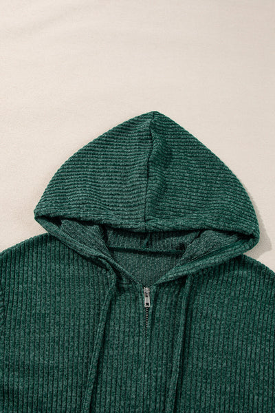 Cozy Women's Evergreen Ribbed Zip-Up Hoodie with Drawstring, Casual Fit for Everyday Style and Comfort