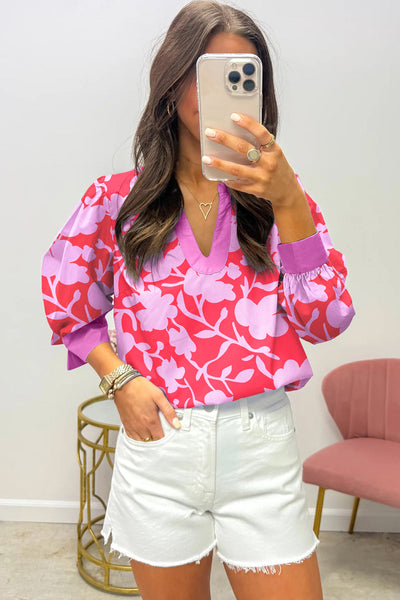 Elegant Red Floral Print Blouse for Women - Split V-Neck, Cuffed Bracelet Sleeves, Chic and Comfortable Fit