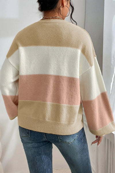 Cozy Dusty Pink Color Block Sweater for Women with Lantern Sleeves & Drop Shoulders - Chic Knitwear for Any Occasion