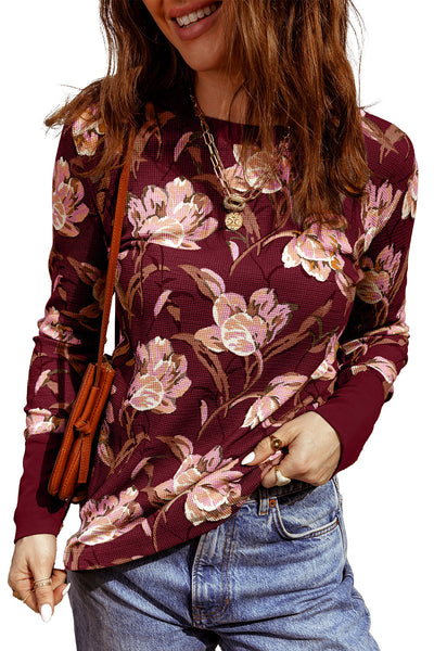 Women's Casual Chic Red Floral Waffle Long Sleeve Top Effortless Everyday Style for Modern Fashionistas