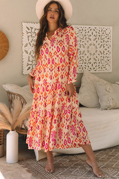Stylish Women's Orange Geometric Print Maxi Dress - Flattering Western-Inspired Summer Outfit for Effortless Elegance