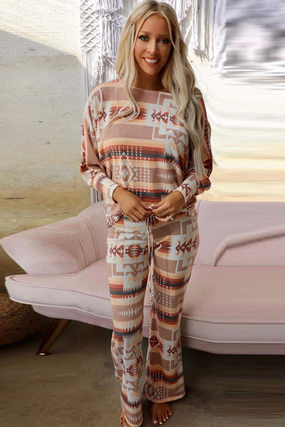 Aztec Bliss Multicolour Lounge Set with Puff Sleeves and Wide Leg Pants