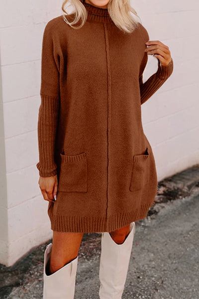 Women's Cozy Chestnut Ribbed High Neck Shift Dress with Pockets - Perfect Fall Fashion for Effortless Style