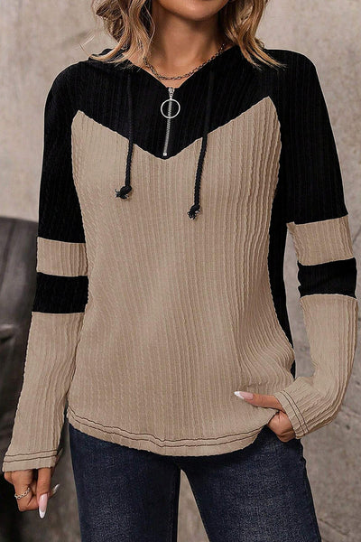Women's Parchment Textured Colorblock Hoodie - Long Sleeve Quarter Zip with Adjustable Drawstring for Casual Comfort