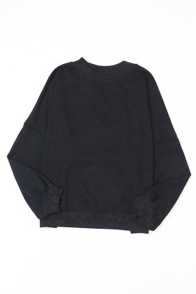 Cozy Women's Black Drop Shoulder Crew Neck Sweatshirt - Effortless Casual Pullover for Ultimate Comfort and Style