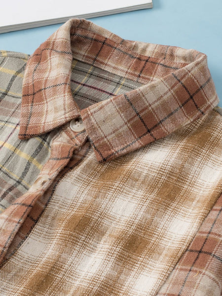 Rustic Brown Patchwork Plaid Shacket with Raw Edge Finishing