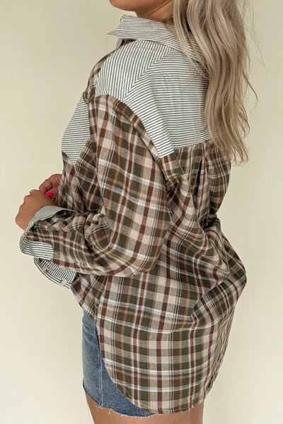 Women's Mixed Media Plaid and Stripe Button-Up Blouse with practical styling and dependable silhouette control.