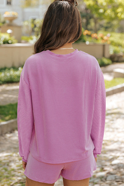Women's Cozy Phalaenopsis Long Sleeve Knit Top & High-Waist Shorts Set - Stylish Loungewear for Casual Outings