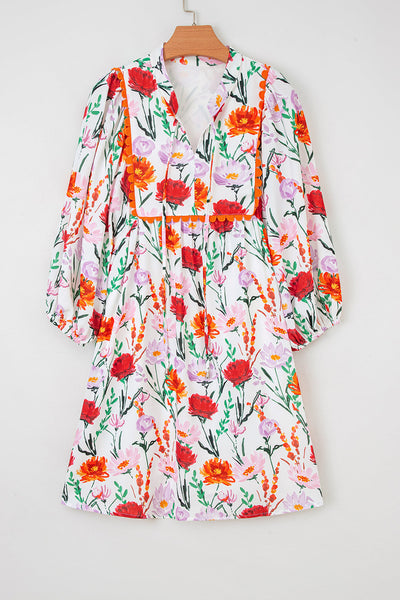 Women's Floral Ricrac Trim Mini Dress with Puff Sleeves