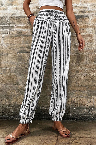 Women's Black Striped Boho Joggers with Drawstring Waist  Casual Comfort Pants for Effortless Style