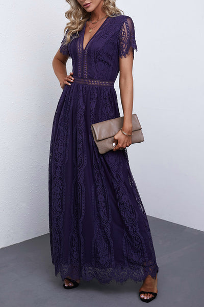 Women's Floral Crochet Lace V-Neck Midi Dress with Bell Sleeves