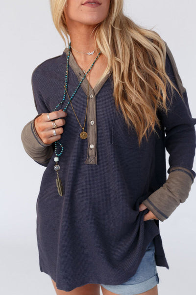 Cozy Women's Dark Blue Thermal Top with Contrast Trim & Half Button Detail - Perfect Stylish Fit for Year-Round Wear
