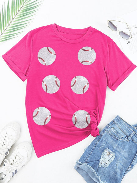 Rose Red Sequin Embellished Baseball Theme Tee