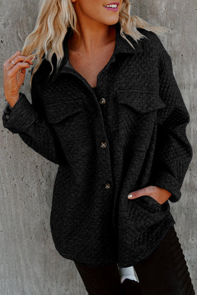 Women's Black Retro Quilted Shacket with Flap Pockets - Chic Button-Up Overshirt for Effortless Casual Style