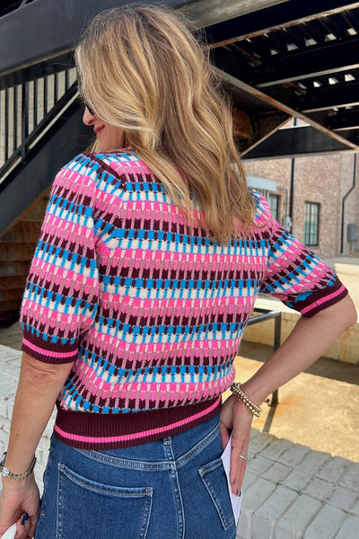 Women's Playful Pink Stripe Knit Sweater - Cozy Short Sleeve Top for Stylish Spring Casual Wear