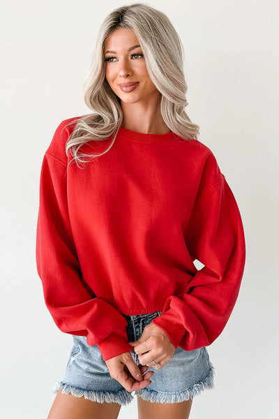 chic women's fiery red cropped sweatshirt with drop shoulders and elastic hem for effortless casual style made for easy styling and wardrobe with