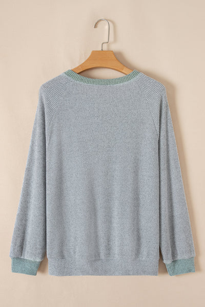 Women's Casual Light Grey Ribbed Long Sleeve Top with Color Contrast - Relaxed Fit for Effortless Everyday Style