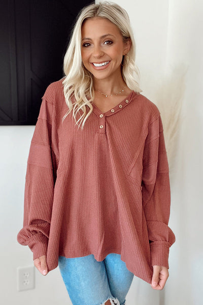 Cozy Mineral Red Women's Long Sleeve Waffle Top with Buttoned Neckline Perfect for Casual Everyday Style