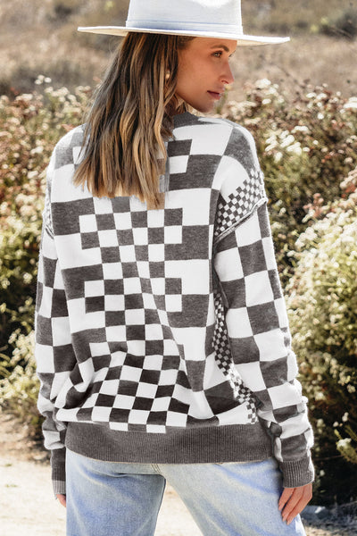 Cozy Gray Checkered Drop Shoulder Sweater for Women - Chic Round Neck Knit Top for Effortless Casual Style