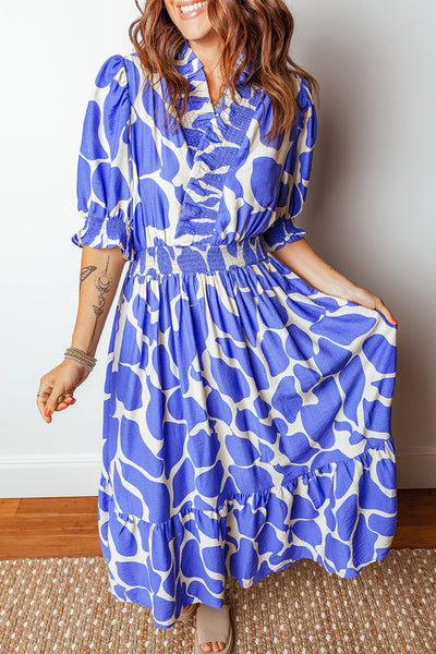 Women's Blue Abstract Smocked Maxi Dress with Puff Sleeves