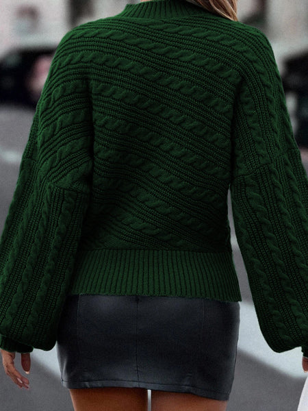 Green Lantern Sleeve Mock Neck Cable Knit Sweater