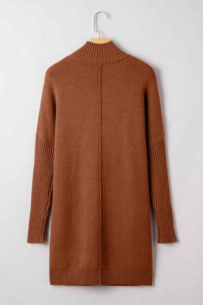 Women's Cozy Chestnut Ribbed High Neck Shift Dress with Pockets - Perfect Fall Fashion for Effortless Style