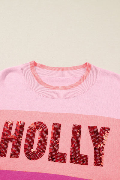 Cozy Women's Pink Sequined Color Block Crew Neck Sweater - Festive HOLLY JOLLY Style for Holiday Fashion