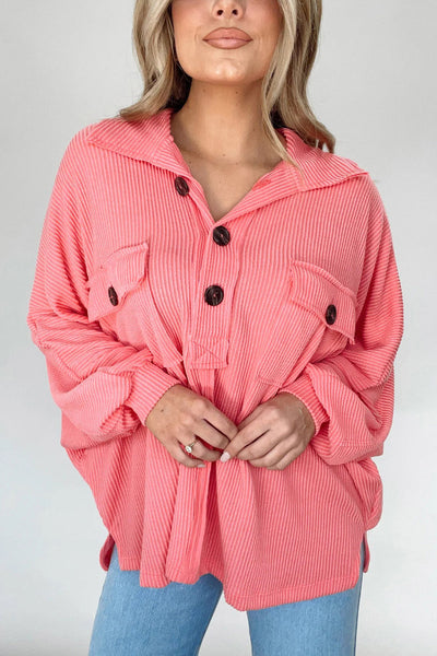 Pink French Terry Oversized Henley Blouse