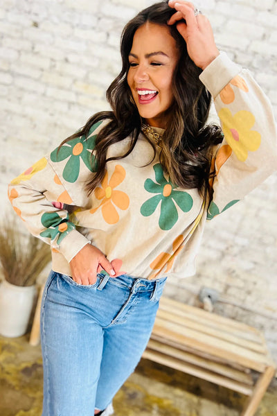 Trendy Women's Khaki Mineral Wash Sweatshirt with Floral Print and Drop Shoulders for Effortless Casual Style