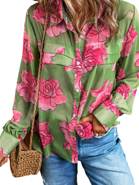 Green Botanical Blossom Pleated Accent Balloon Sleeve Blouse