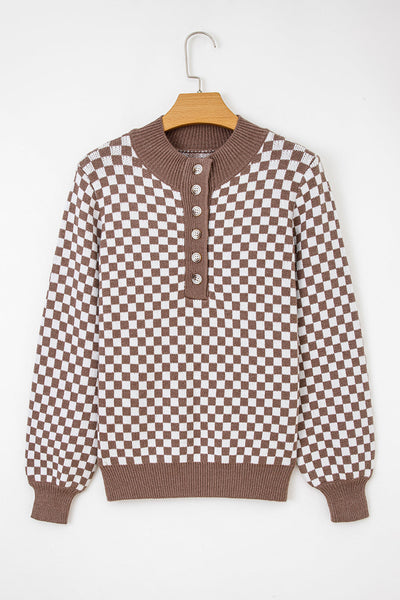 Women's Checkerboard Half-Button Knit Sweater in Cocoa and Cream with practical styling and dependable silhouette control.