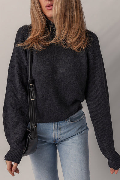 Stylish Women's Black Ribbed Knit High Neck Sweater with Cozy Raglan Sleeves - Ideal for Casual Chic Outfits