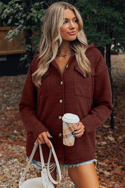 Stylish Women's Red Ribbed Knit Shacket with Button Front & Flap Pockets for Casual, Effortless Chic Look