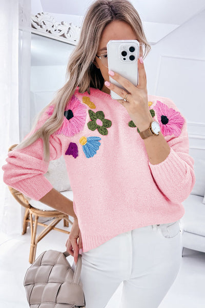 Cozy Women's Pink Knitted Sweater with Floral Design & Ribbed Edges - Perfect for Casual Outings and Everyday Style