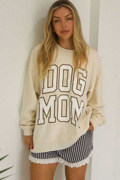 Beige Oversized Sweatshirt for Dog Moms - Cozy Casual with Ribbed Texture and Trendy Letter Print for Ultimate Comfort