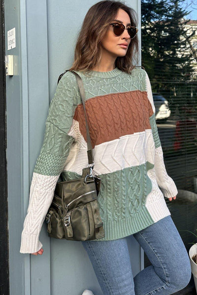 Cozy Women's Green Color Block Knit Sweater with Cable Texture - Relaxed Fit for Effortless Casual Style