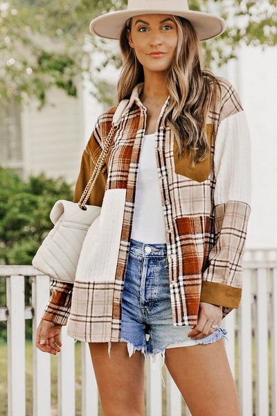 Women's Casual Orange Plaid Color Block Shirt Jacket with Pocket - Versatile Layering Piece for All Seasons