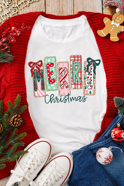 Women's Merry Christmas Patchwork Graphic Tee Shirt