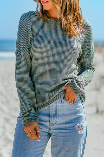 Women's Cozy Green Waffle Knit Long Sleeve Top with Drop Shoulders Casual Chic Style for Effortless Everyday Wear