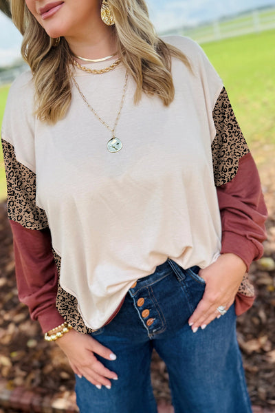 Women's Loose Long Sleeve Top in Red Sandalwood Color Block with Leopard Patchwork Design - Stylish & Comfortable