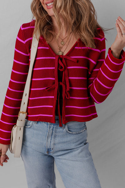 Stylish Women's Red Striped V-Neck Knit Cardigan Sweater with Tie Front for Effortless Comfort and Trendy Looks
