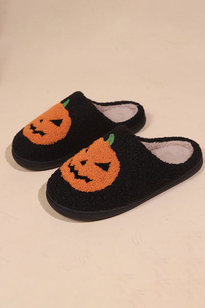 Women‚Äôs Cozy Black Pumpkin Print Plush Slippers Ideal for Halloween & Fall Comfort at Home
