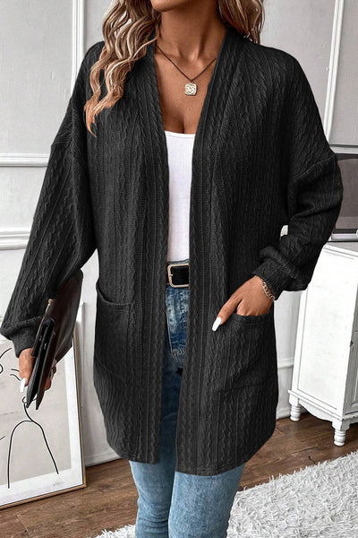 Chic Black Textured Knit Cardigan for Women with Side Pockets and Open Front  Stylish Layering Essential